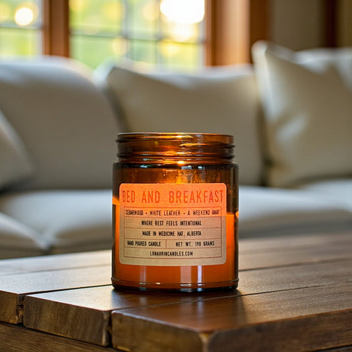Bed & Breakfast candle in amber glass jar, hand poured in Medicine Hat, Alberta