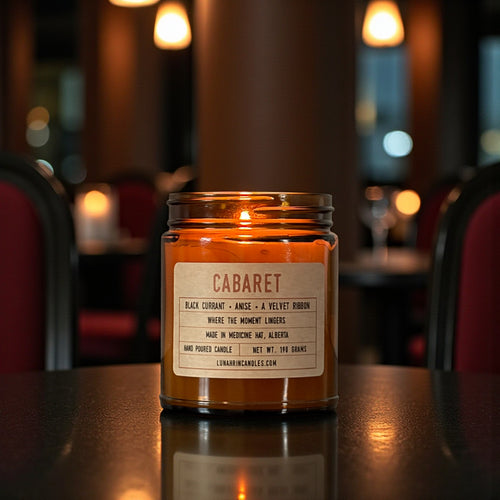 Cabaret candle in amber glass jar, hand poured in Medicine Hat, Alberta
