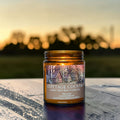 Cottage Country candle in amber glass jar, amber and birch bark scent, hand poured in Medicine Hat, Alberta