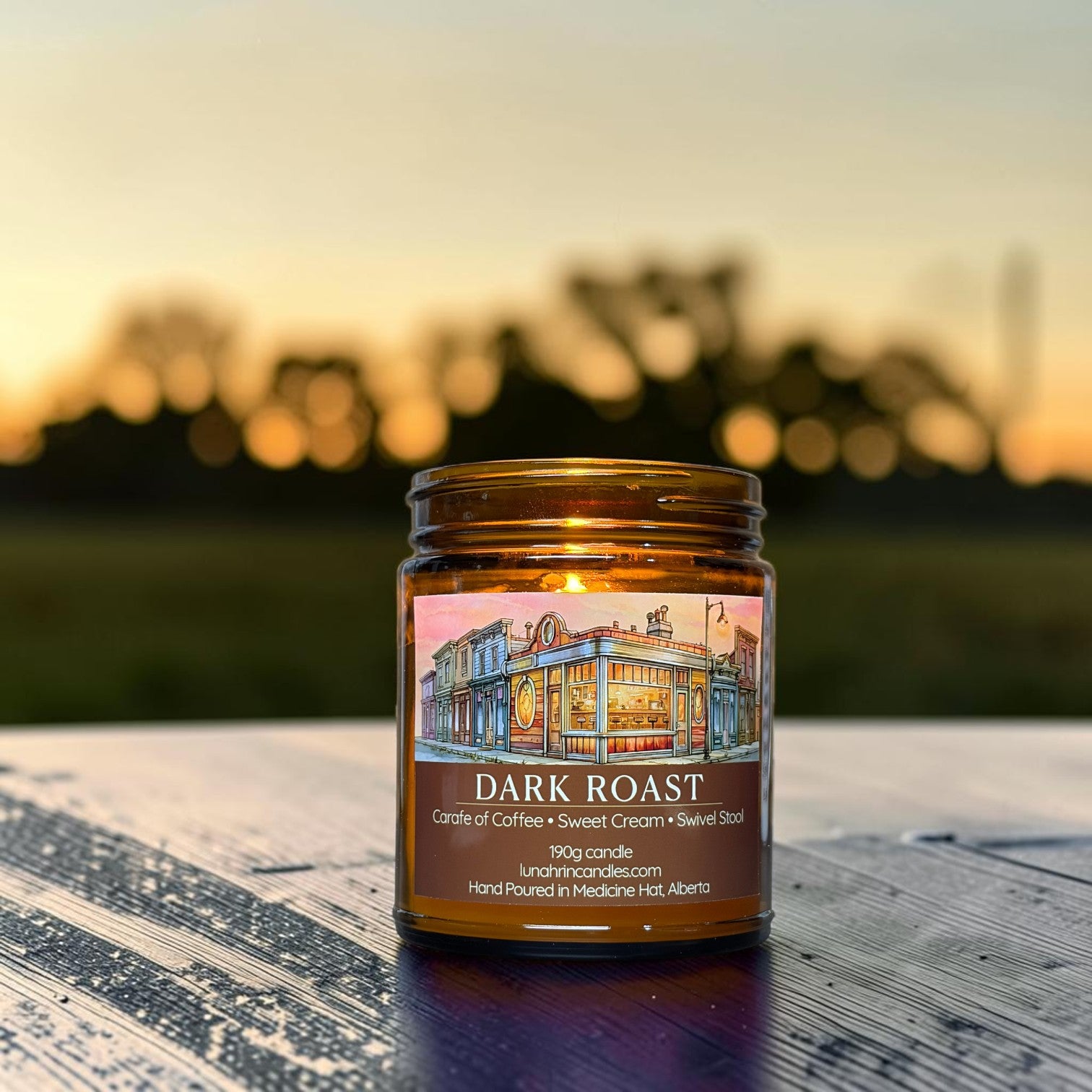 Dark Roast candle in amber glass jar, coffee and sweet cream scent, hand poured in Medicine Hat, Alberta