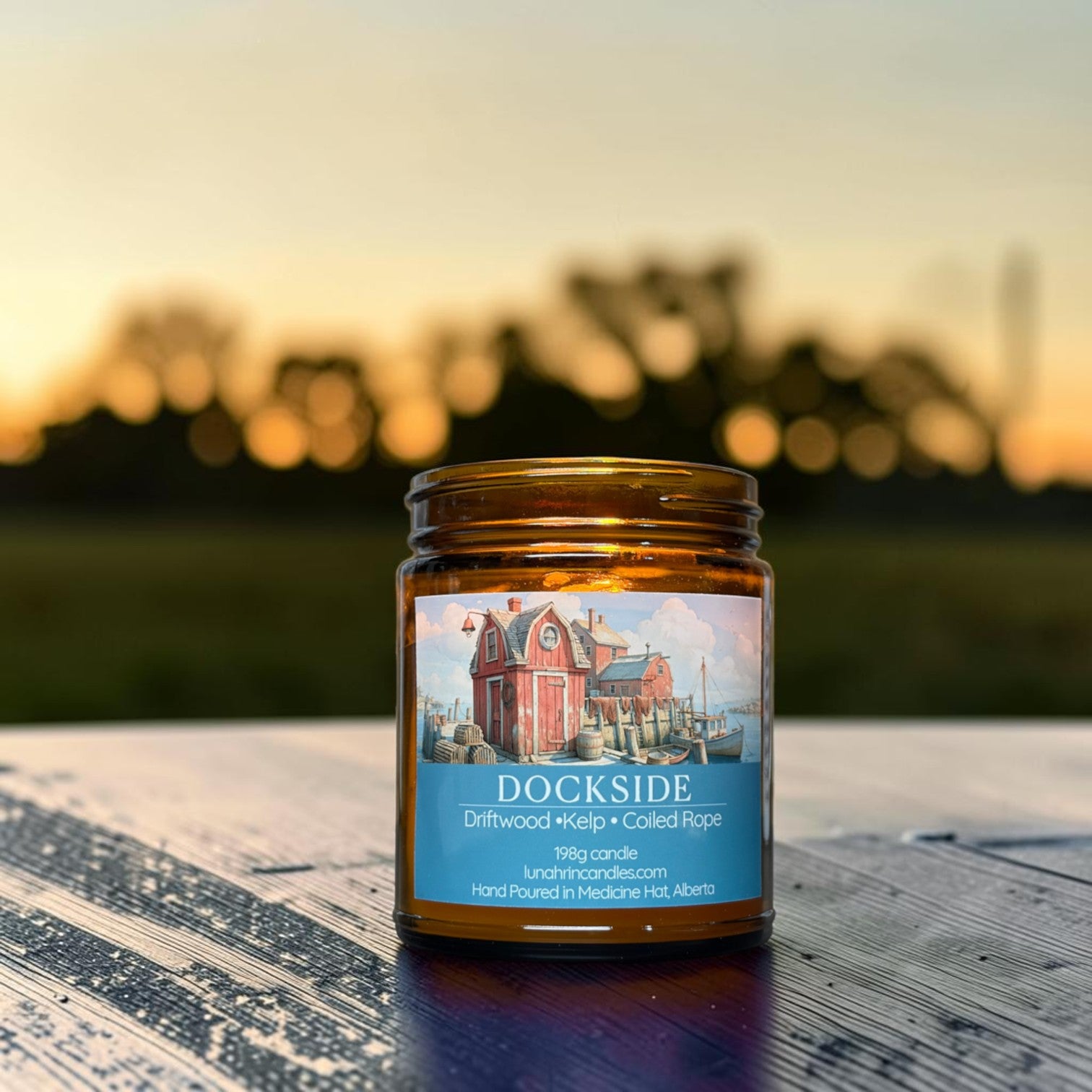 Dockside candle in amber glass jar, driftwood and kelp scent, hand poured in Medicine Hat, Alberta