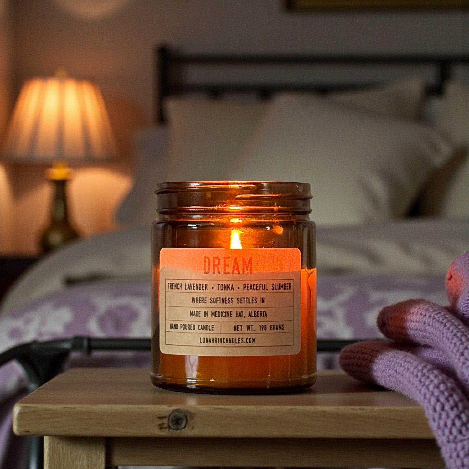 Dream candle in amber glass jar, hand poured in Medicine Hat, Alberta