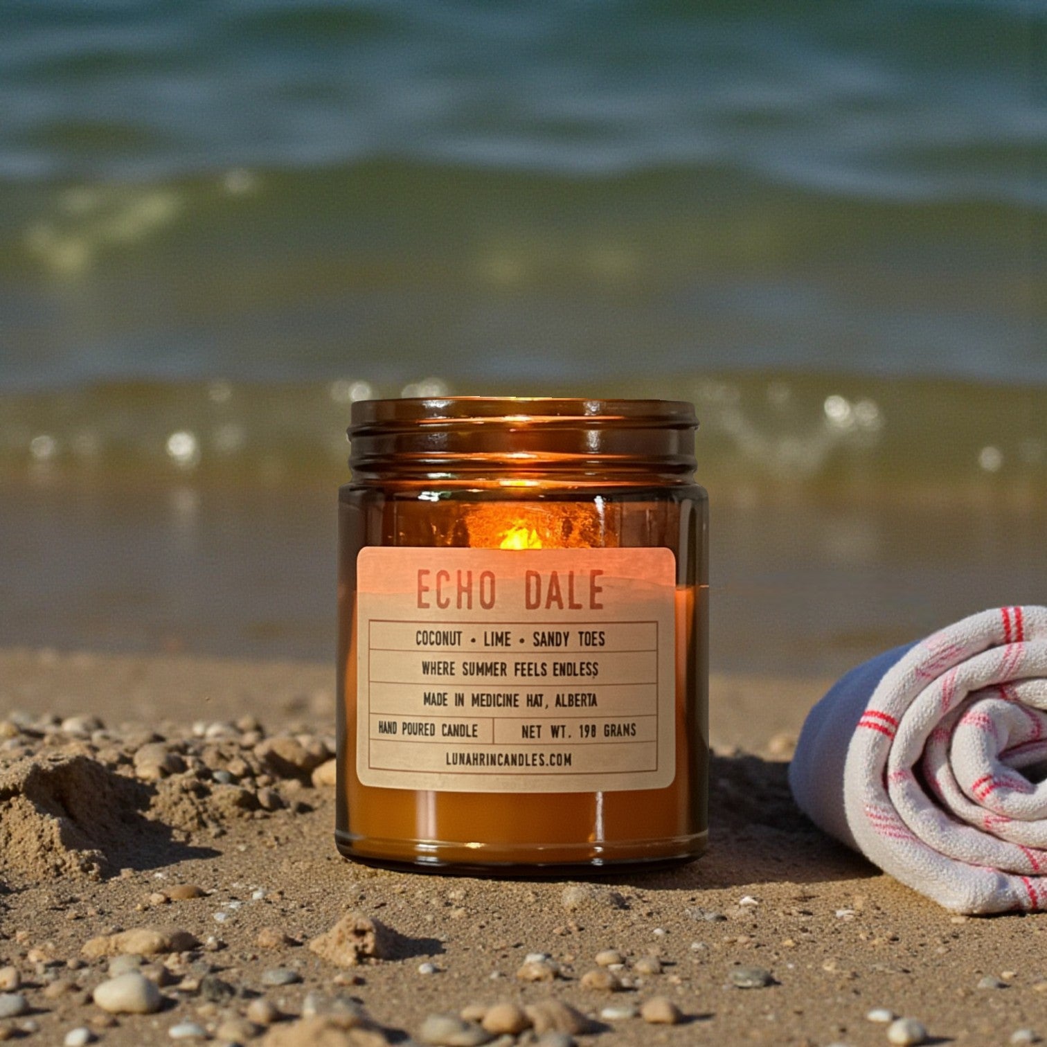 Echo Dale candle in amber glass jar, hand poured in Medicine Hat, Alberta