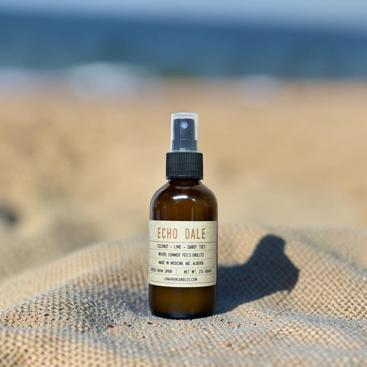 Echo Dale room spray in amber glass bottle, coconut and lime scent, hand poured in Medicine Hat, Alberta