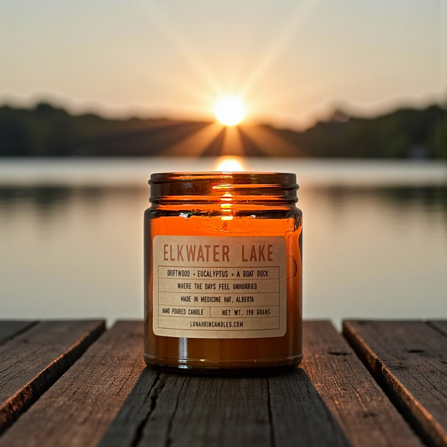 Elkwater Lake candle in amber glass jar, hand poured in Medicine Hat, Alberta