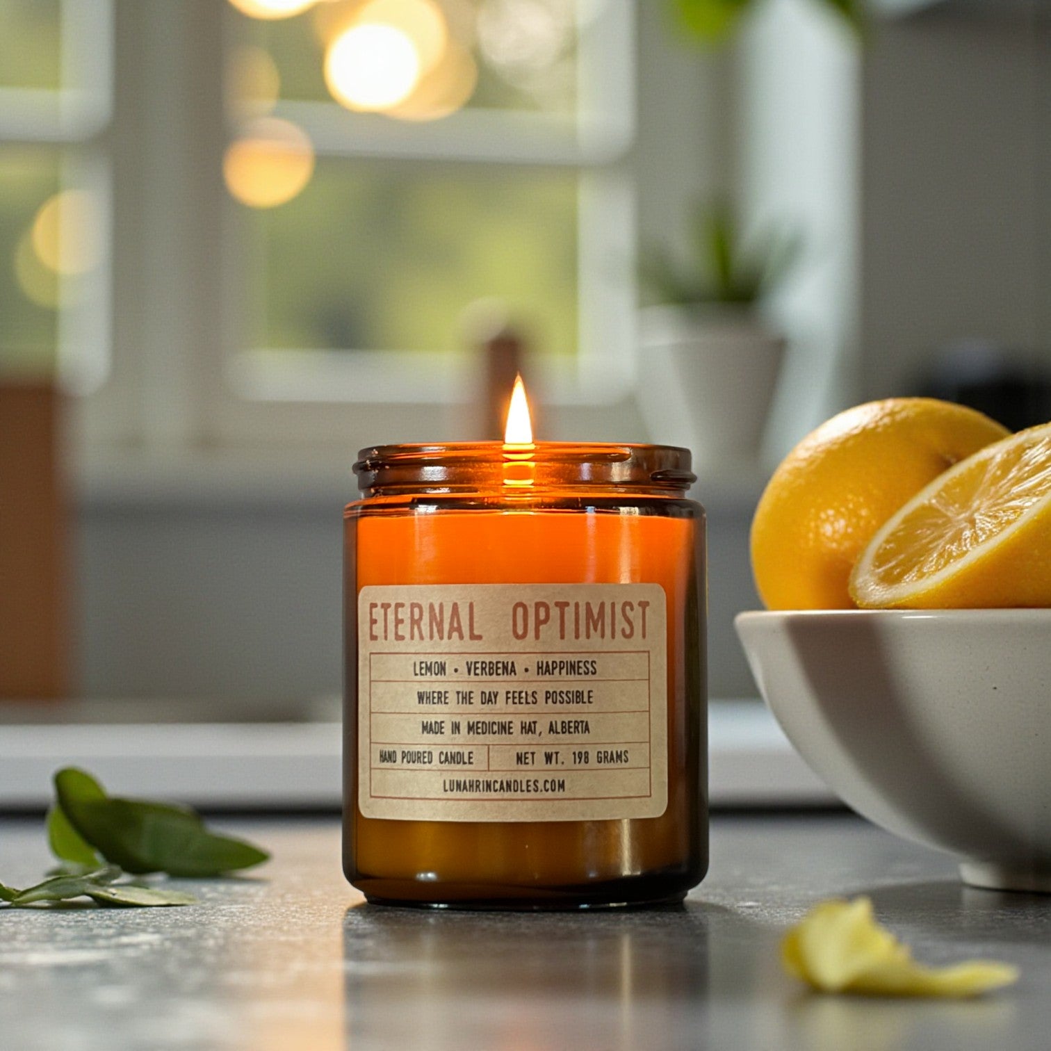Eternal Optimist candle in amber glass jar, hand poured in Medicine Hat, Alberta