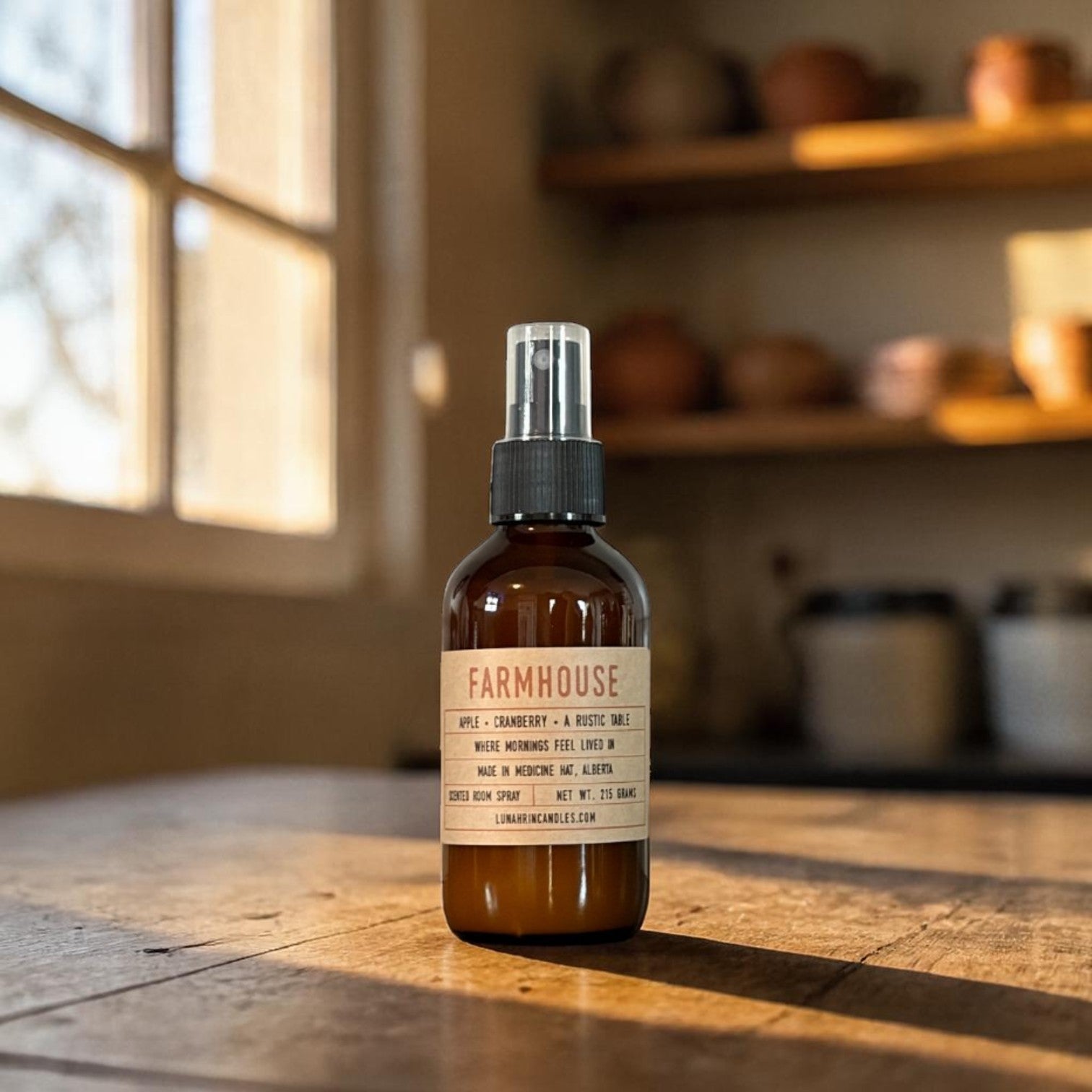 Farmhouse room spray in amber glass bottle, Lunahrin Candles