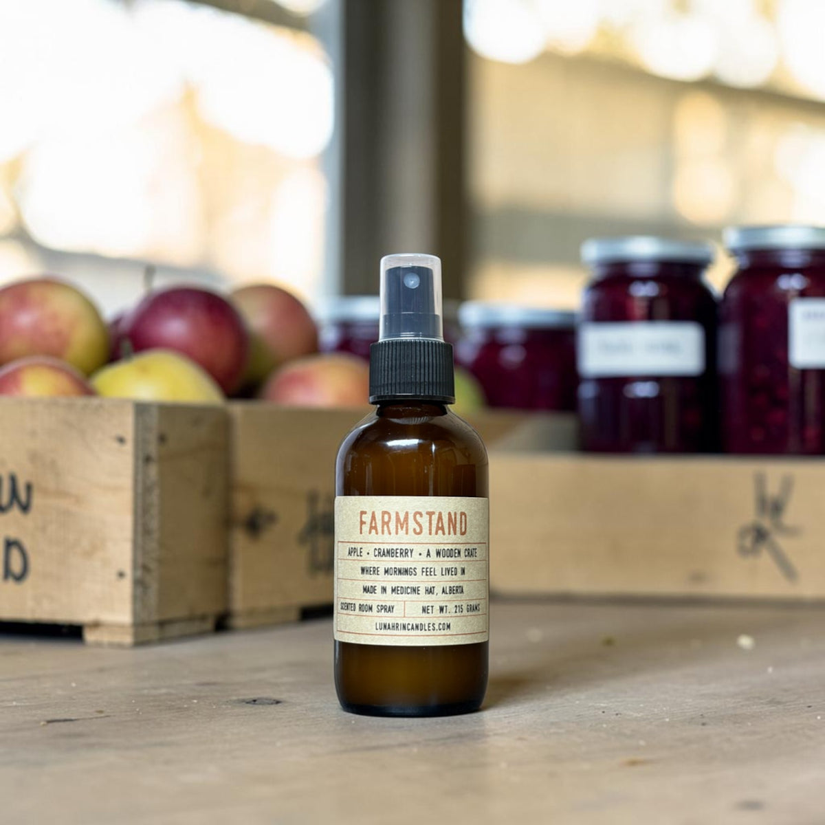 Farmhouse fundraiser room spray in amber glass bottle, hand poured in Medicine Hat, Alberta