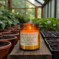 Garden Centre candle in amber glass jar, hand poured in Medicine Hat, Alberta