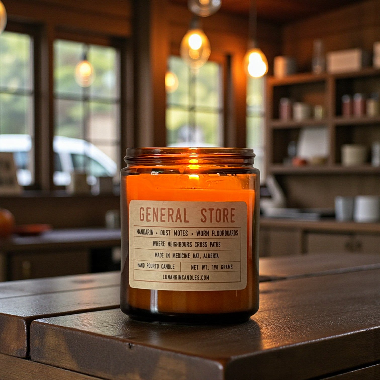 General Store candle in amber glass jar, hand poured in Medicine Hat, Alberta