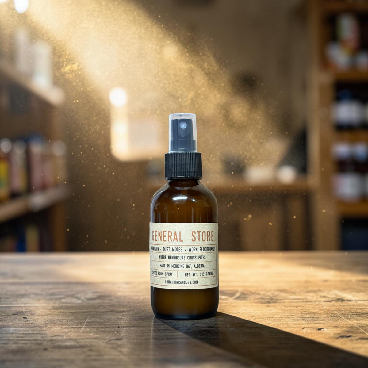 General Store room spray in amber glass bottle, mandarin scent, hand poured in Medicine Hat, Alberta