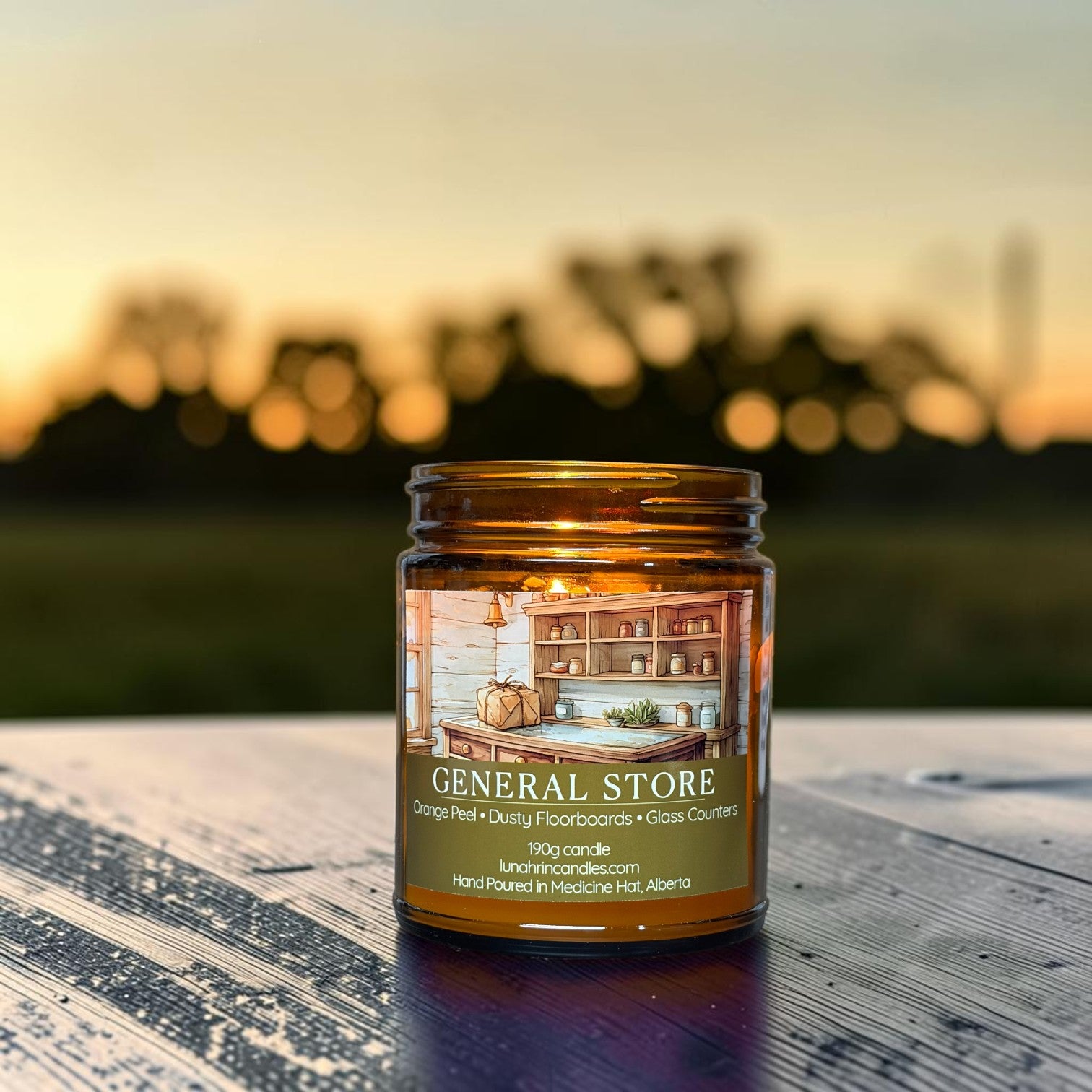 General Store candle in amber glass jar, mandarin scent, hand poured in Medicine Hat, Alberta