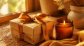 Wrapped gift box and lit candle, warm golden light, Lunahrin gift card