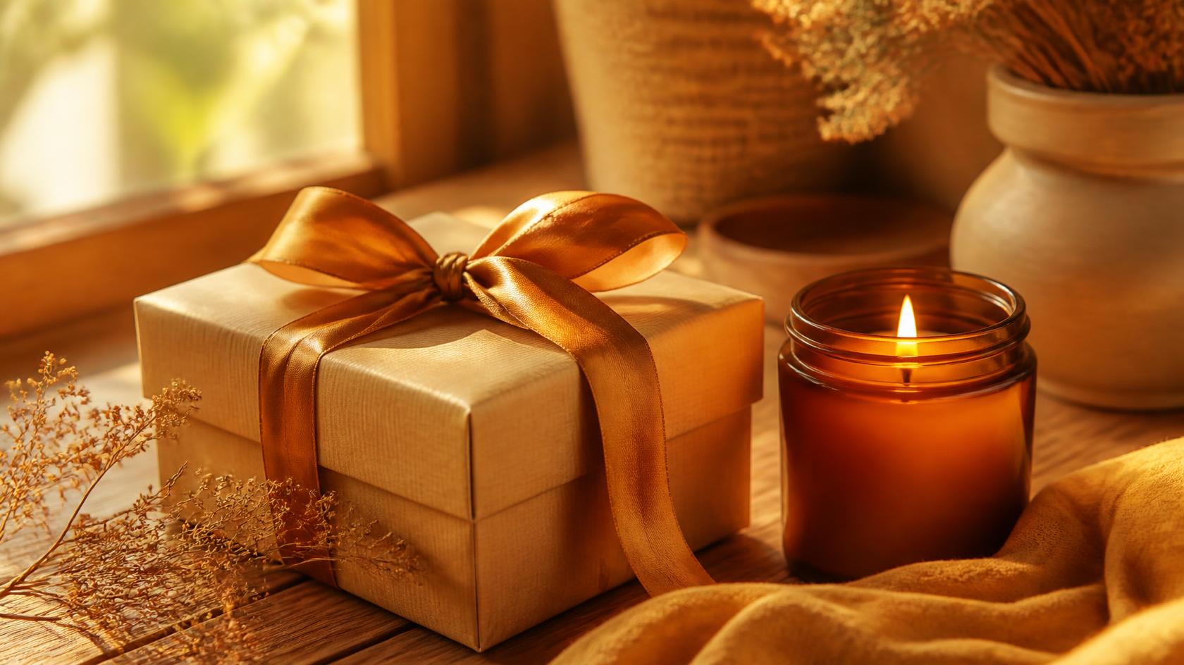 Wrapped gift box and lit candle, warm golden light, Lunahrin gift card