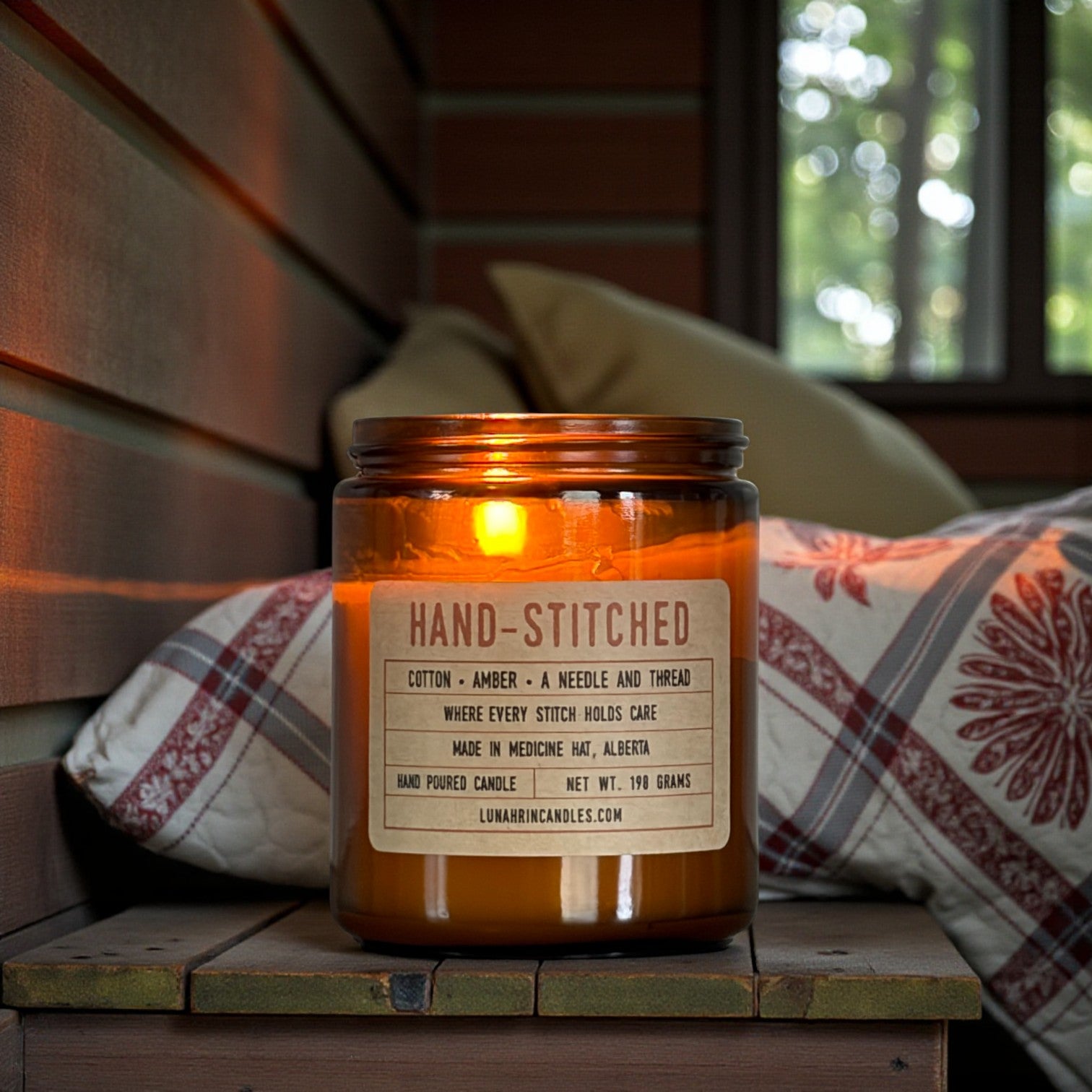 Hand-Stitched candle in amber glass jar, hand poured in Medicine Hat, Alberta