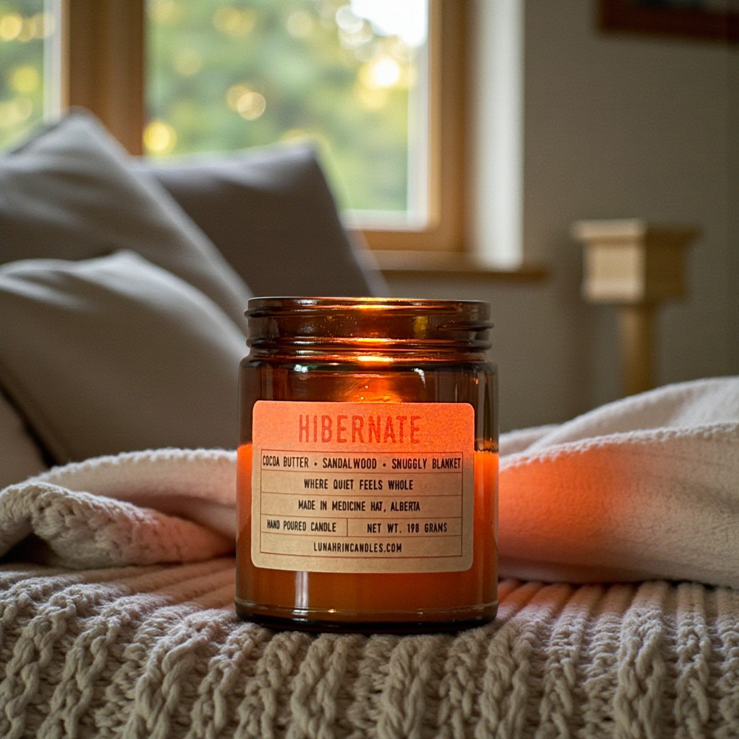 Hibernate candle in amber glass jar, hand poured in Medicine Hat, Alberta