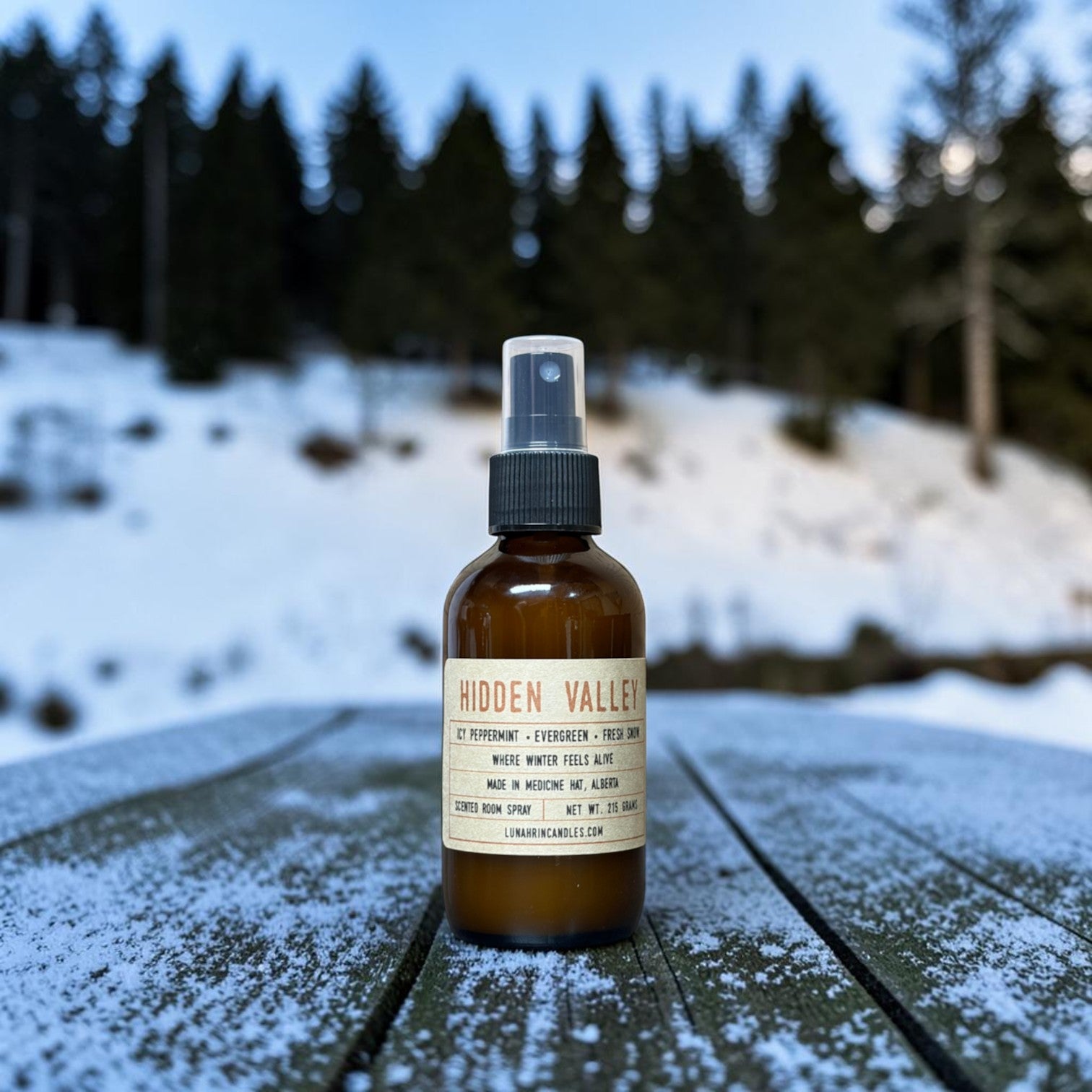 Hidden Valley room spray in amber glass bottle, peppermint and evergreen scent, hand poured in Medicine Hat, Alberta