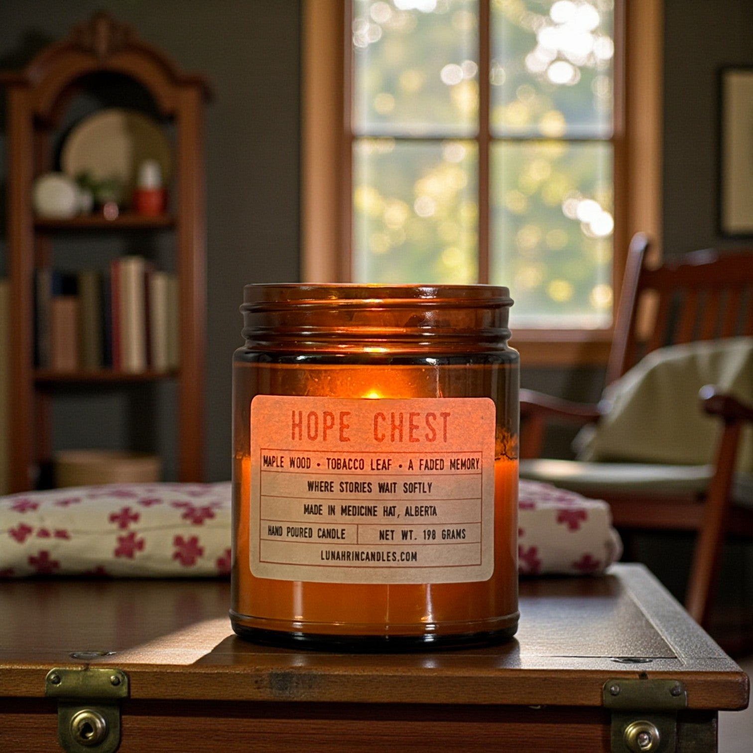 Hope Chest candle in amber glass jar, hand poured in Medicine Hat, Alberta