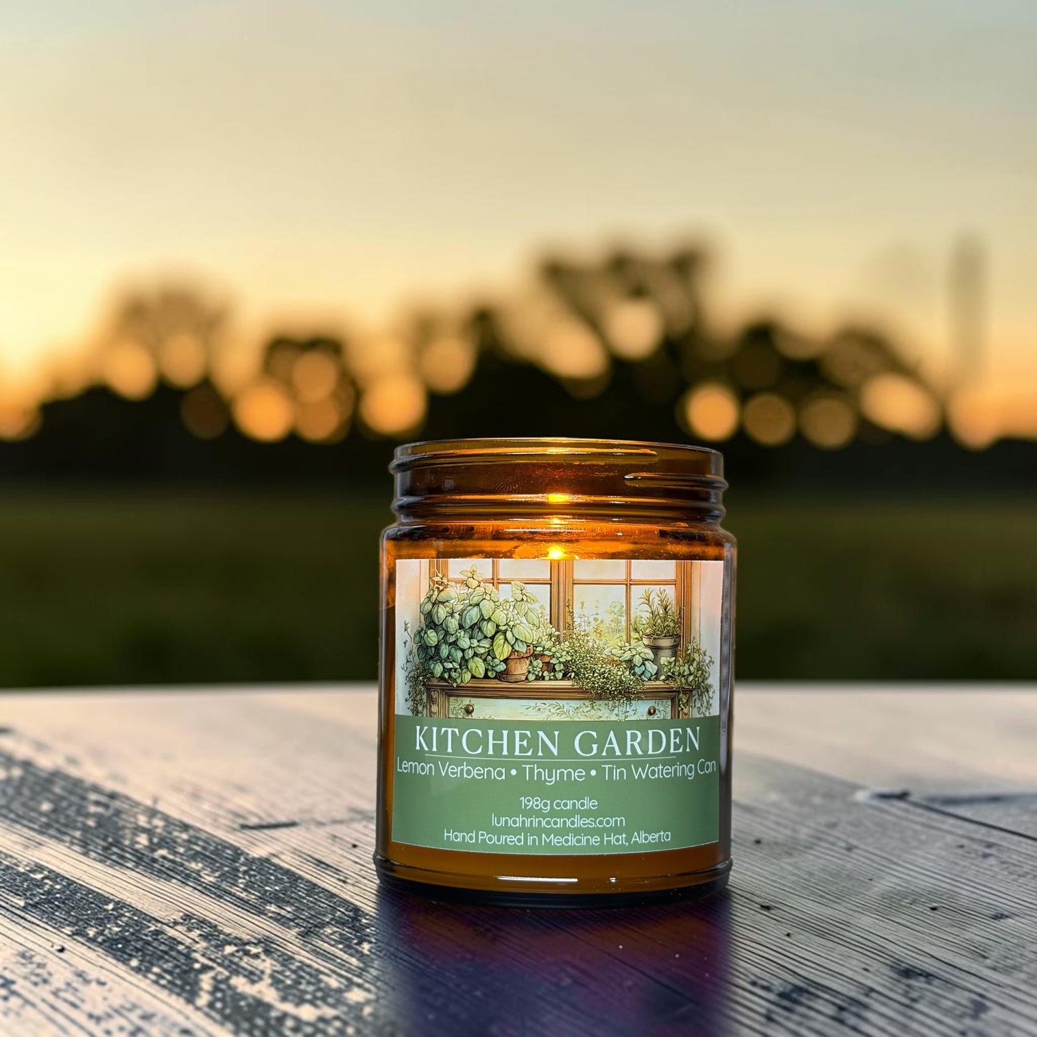Kitchen Garden candle in amber glass jar, lemon verbena and thyme scent, hand poured in Medicine Hat, Alberta