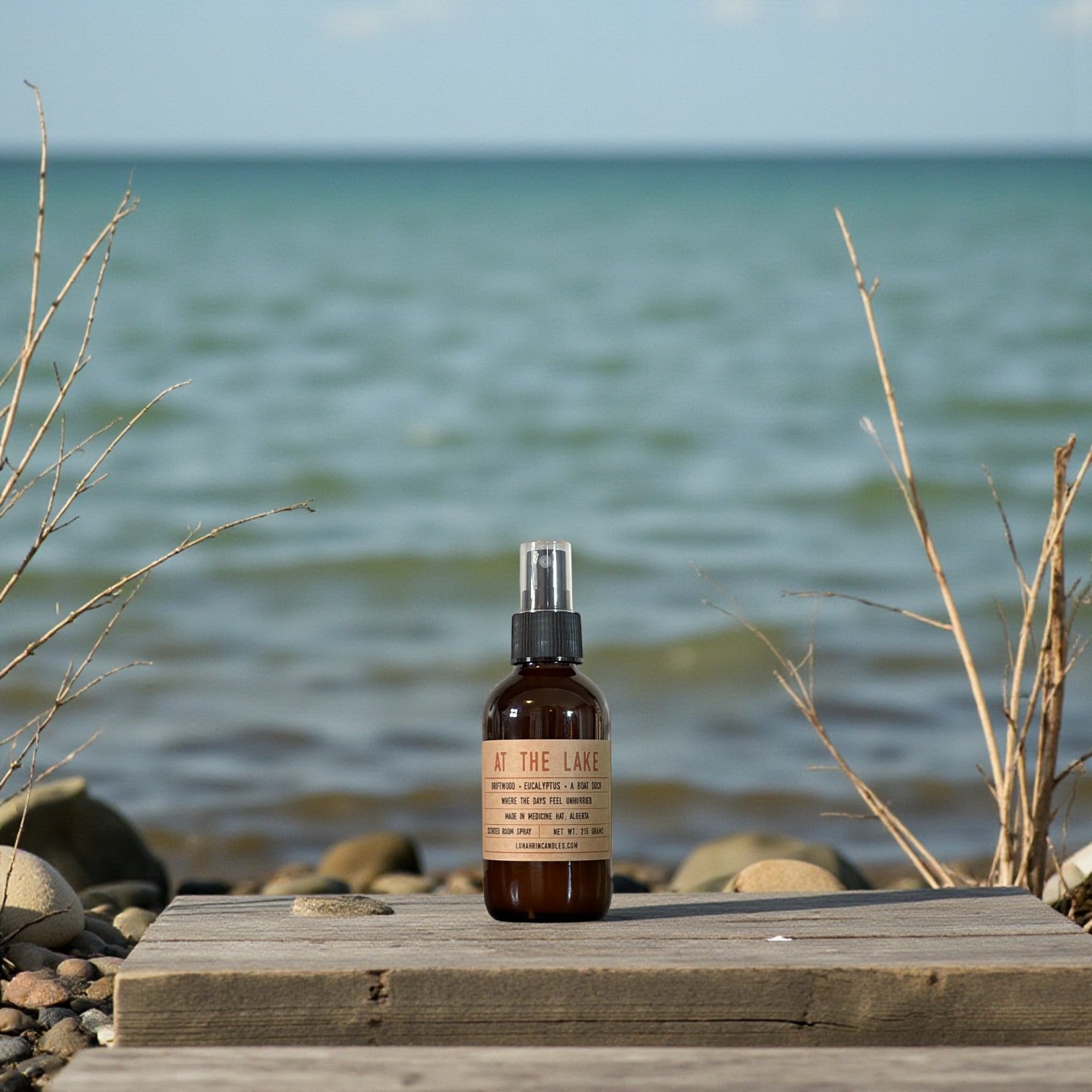 Elkwater Lake room spray in amber glass bottle, Lunahrin Candles