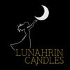 Lunahrin Candles logo, silhouette of a woman reaching toward a crescent moon