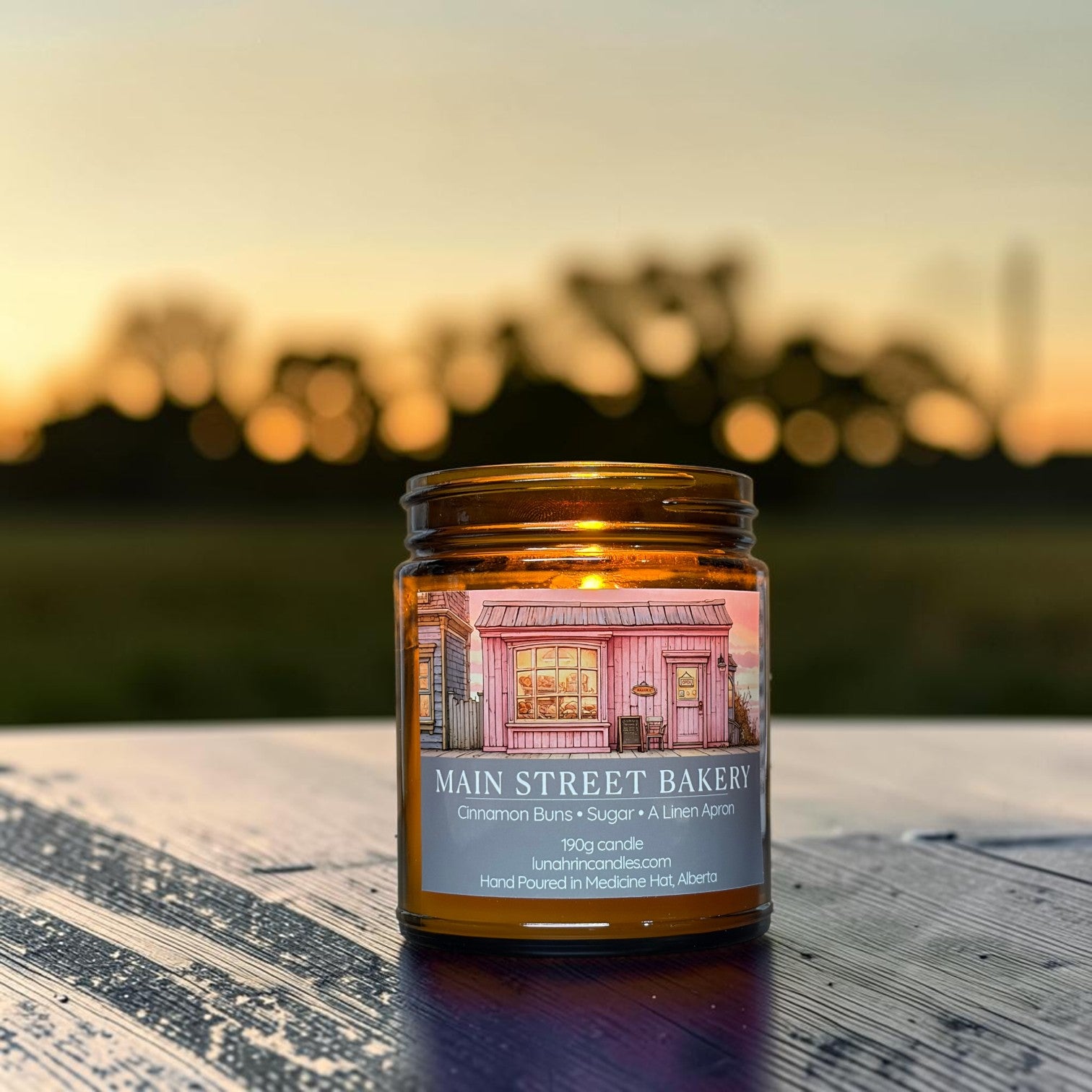 Main Street Bakery candle in amber glass jar, cinnamon and sugar scent, hand poured in Medicine Hat, Alberta