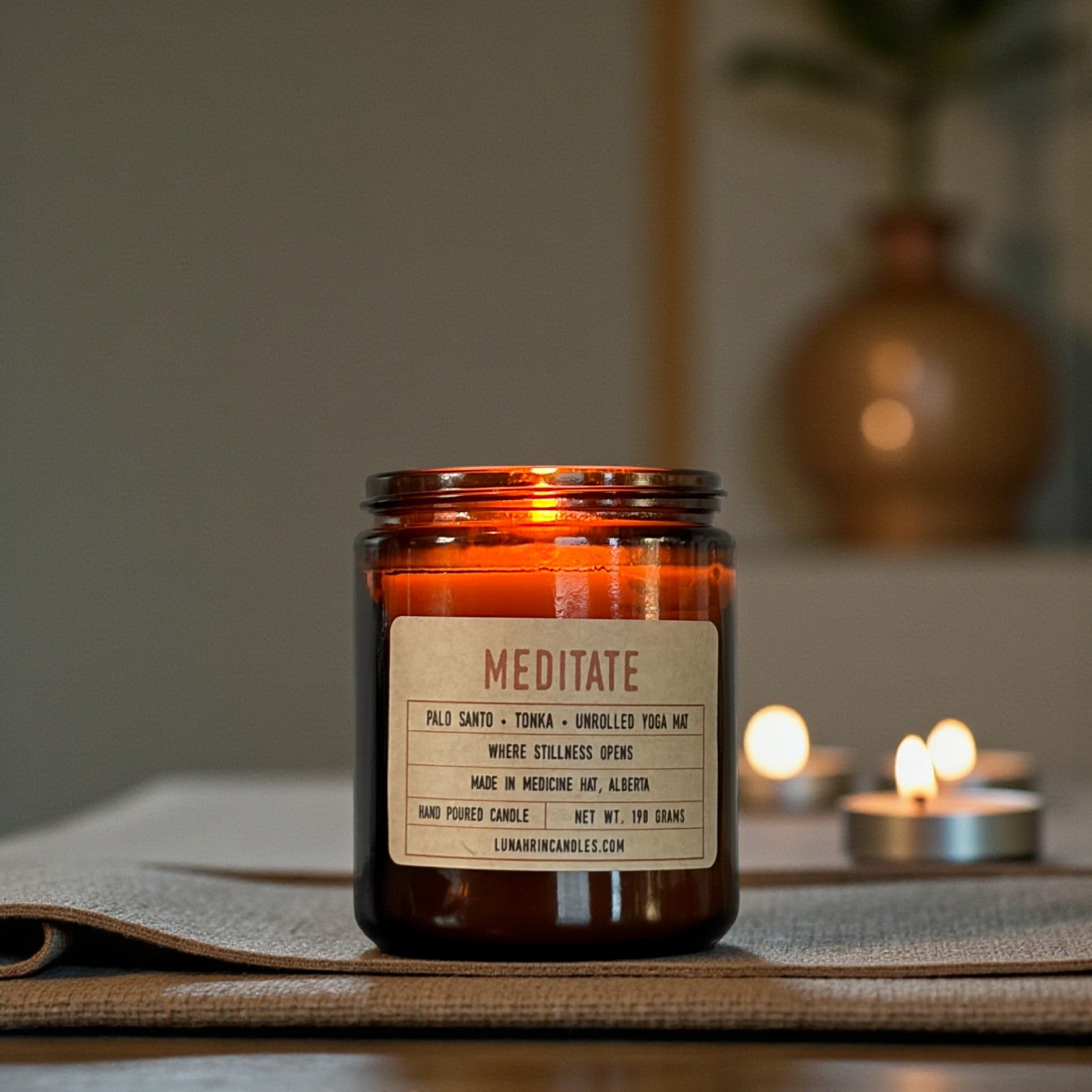 Meditate candle in amber glass jar, hand poured in Medicine Hat, Alberta