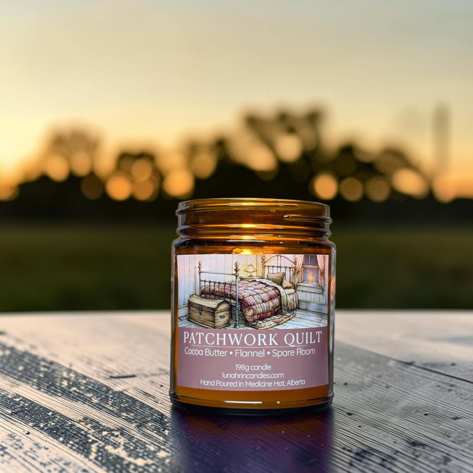 Patchwork Quilt candle in amber glass jar, cocoa butter and flannel scent, hand poured in Medicine Hat, Alberta