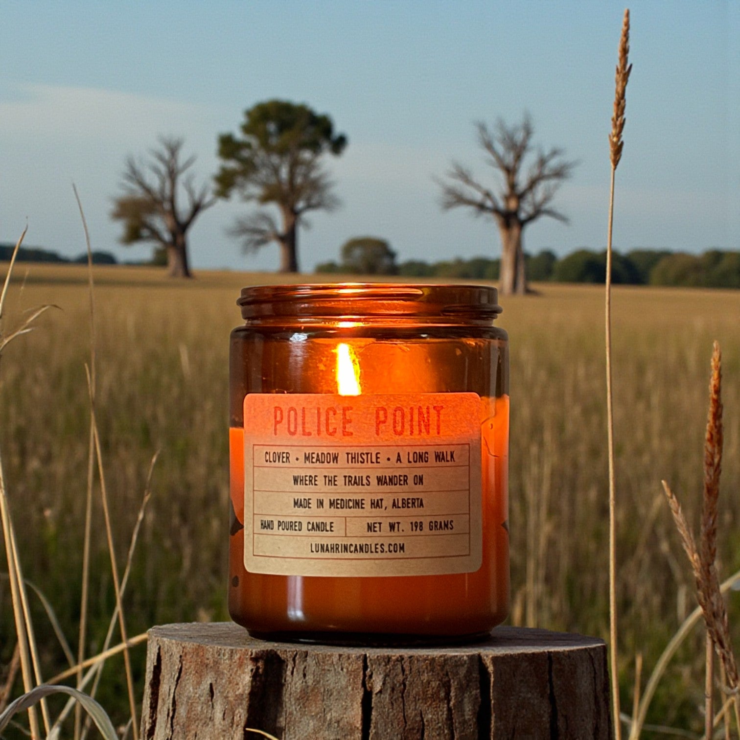 Police Point Park candle in amber glass jar, hand poured in Medicine Hat, Alberta