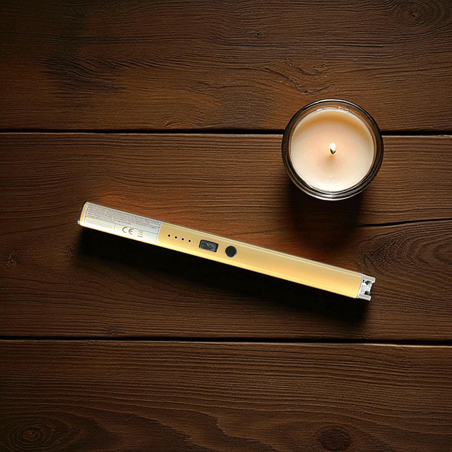 Gold USB-rechargeable flameless lighter with long neck, Lunahrin Candles
