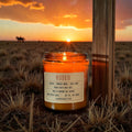 Rodeo candle in amber glass jar, hand poured in Medicine Hat, Alberta