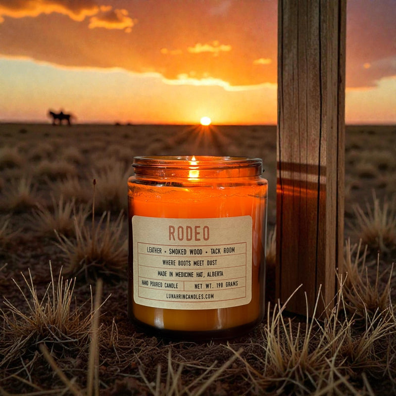 Rodeo candle in amber glass jar, hand poured in Medicine Hat, Alberta