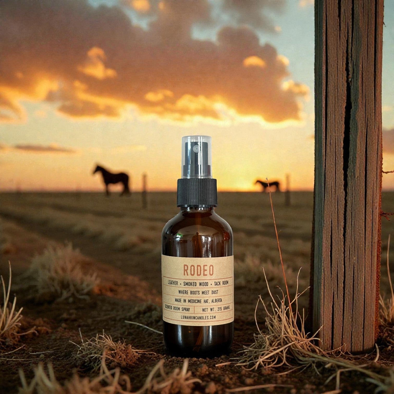 Rodeo room spray in amber glass bottle, Lunahrin Candles