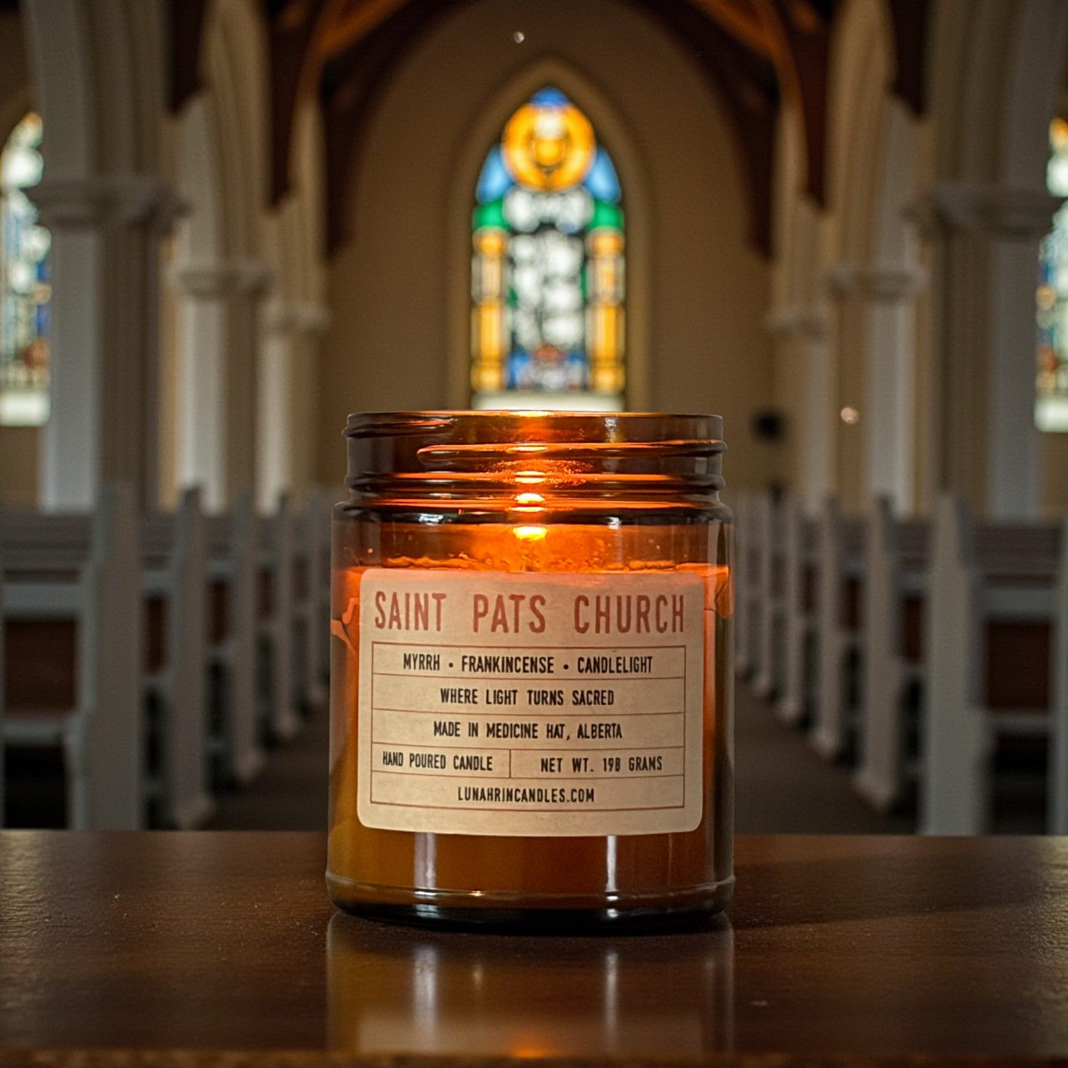Saint Pat's Church candle in amber glass jar, hand poured in Medicine Hat, Alberta