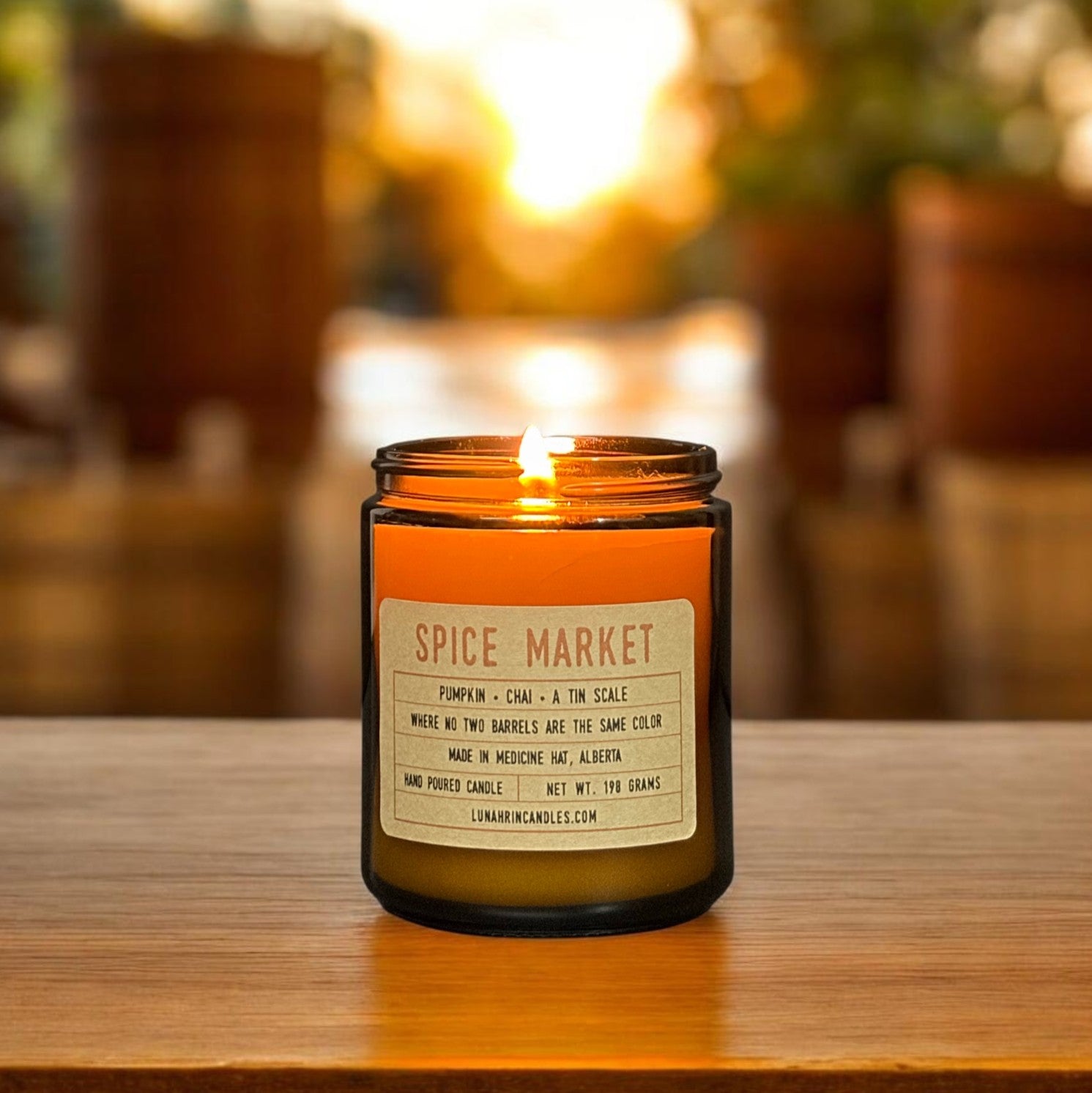 Spice Market candle in amber glass jar, hand poured in Medicine Hat, Alberta