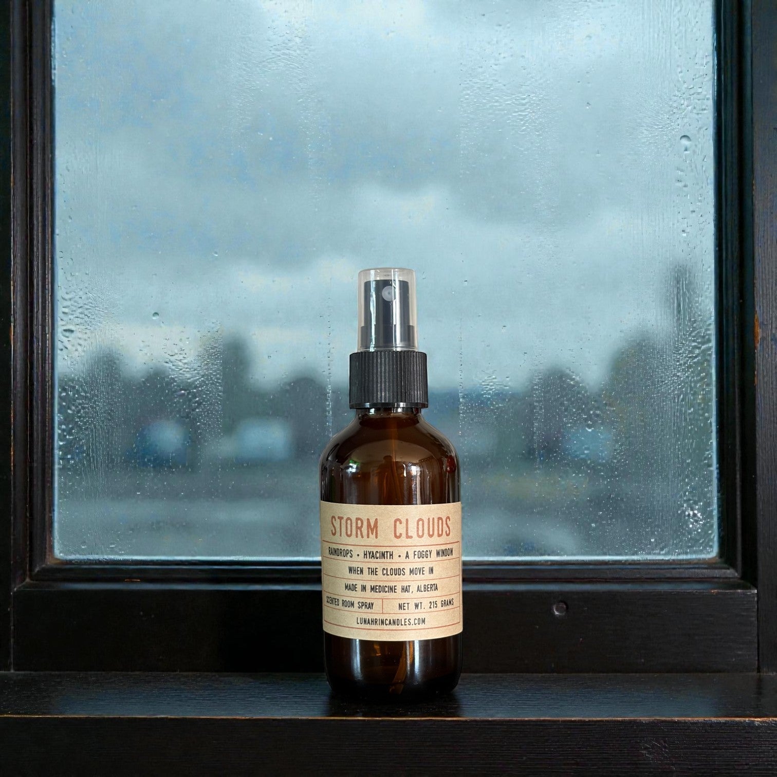 Storm Clouds room spray in amber glass bottle, Lunahrin Candles