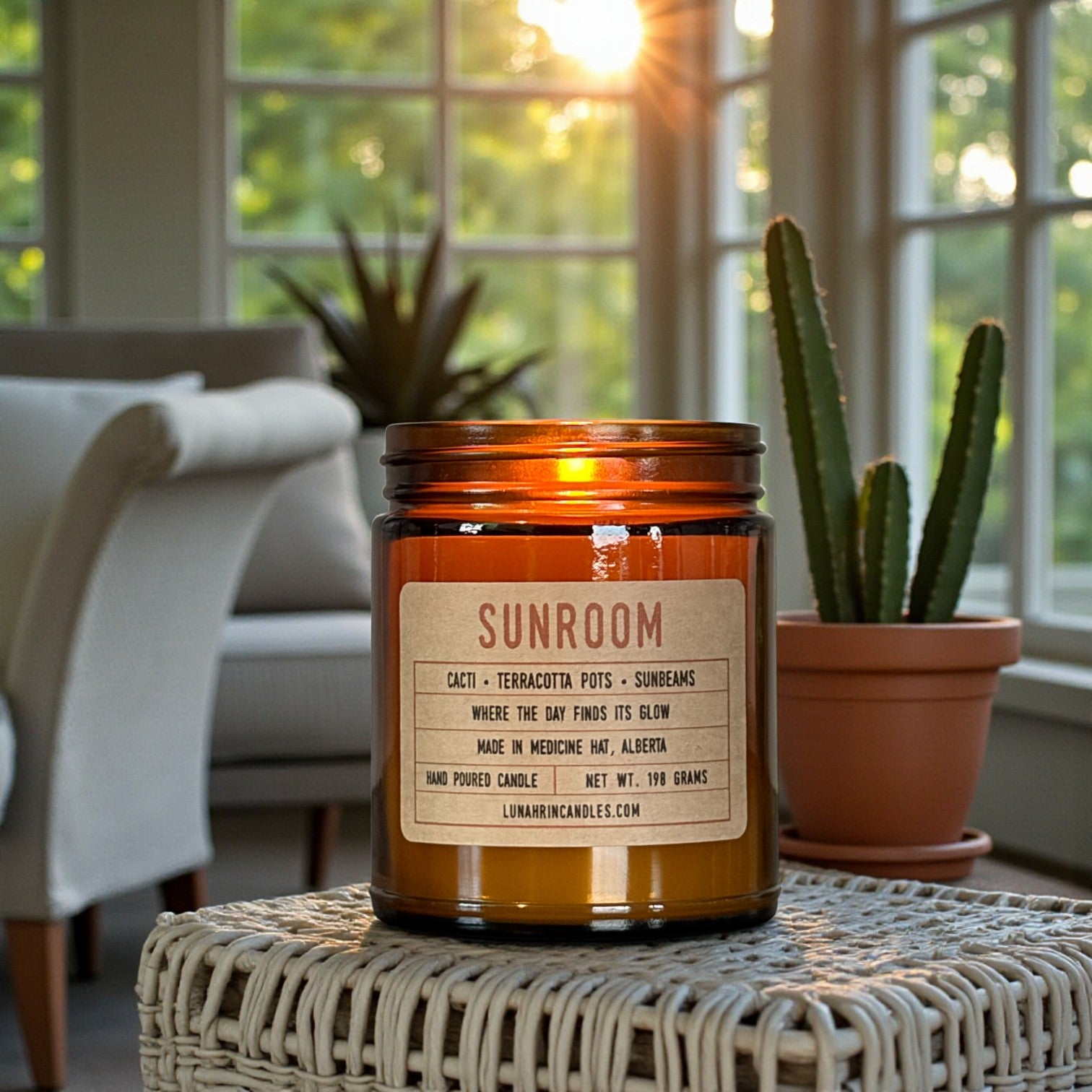 Sunroom candle in amber glass jar, hand poured in Medicine Hat, Alberta