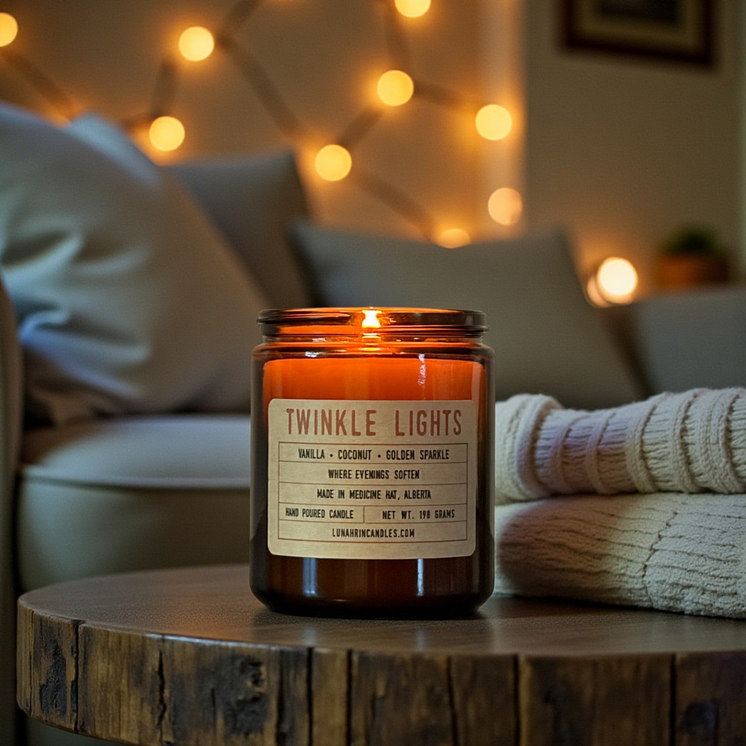 Twinkle Lights candle in amber glass jar, hand poured in Medicine Hat, Alberta