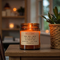 Welcome candle in amber glass jar, hand poured in Medicine Hat, Alberta