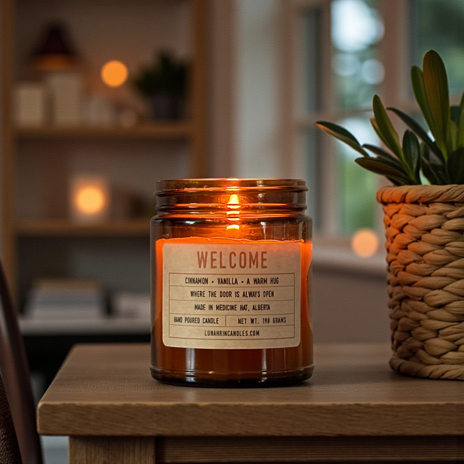 Welcome candle in amber glass jar, hand poured in Medicine Hat, Alberta