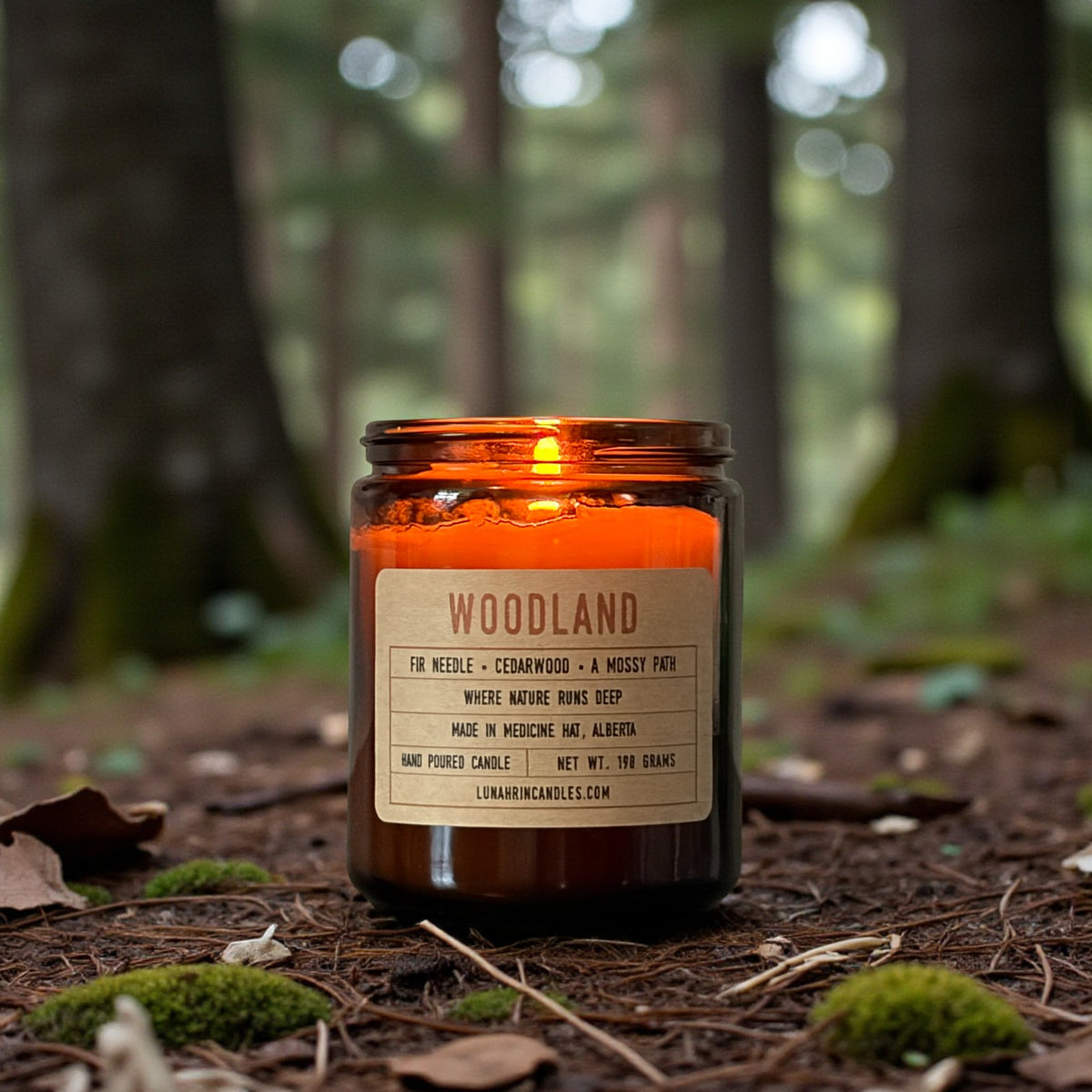 Woodland fundraiser candle in amber glass jar, hand poured in Medicine Hat, Alberta
